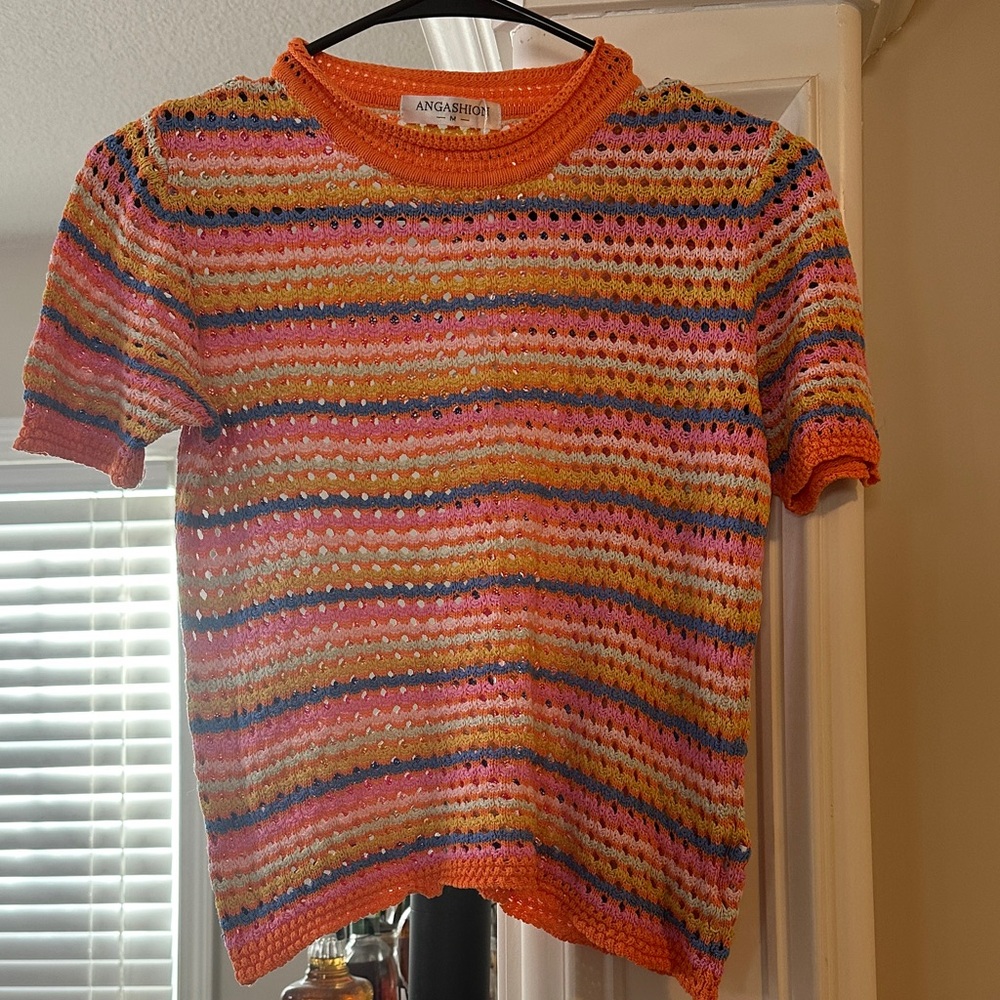ANGASHON Striped Crochet Short Sleeve Top - Orange, Pink, Yellow